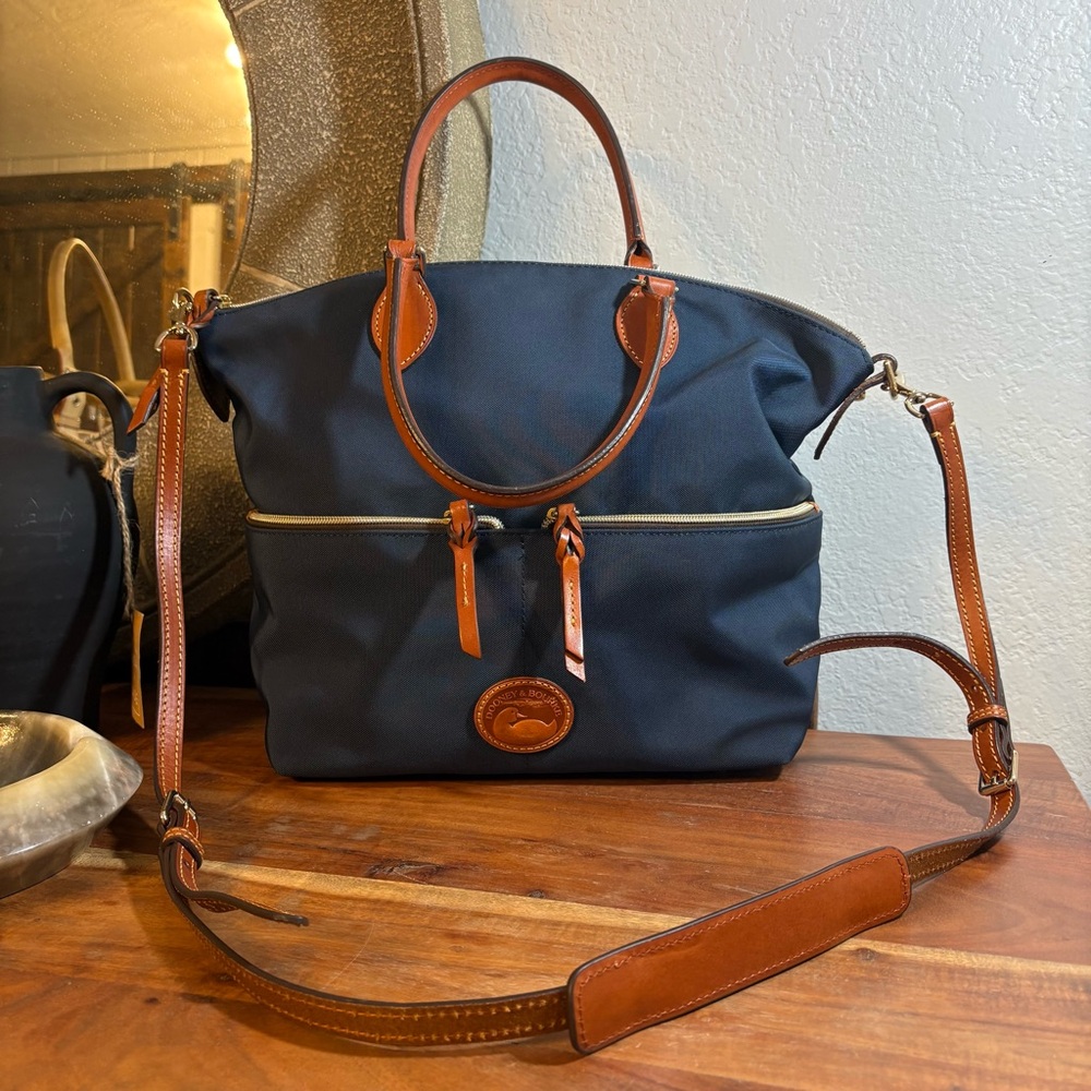 Dooney & Bourke Navy Tote with Brown Leather Accents LARGE